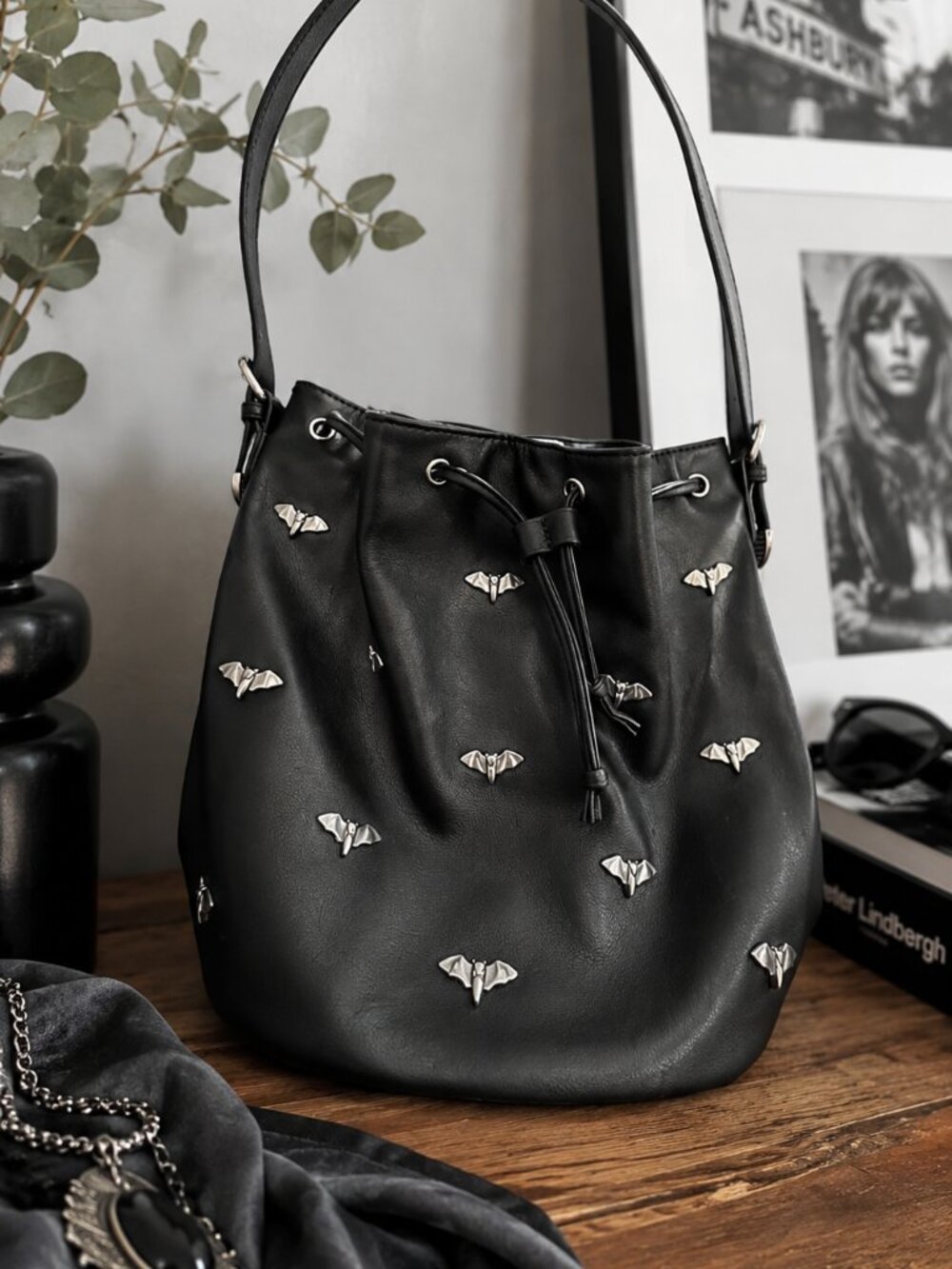 Foxblood Black Bat Studded Bucket Bag Drawstring Shoulder Purse Goth